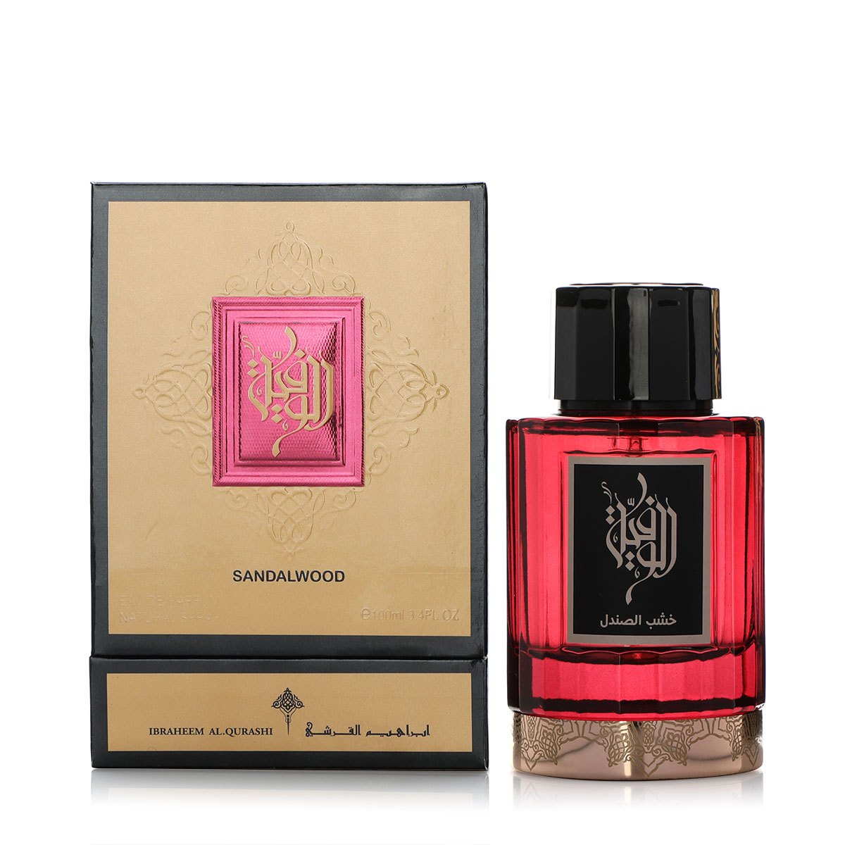 Ibraheem Al Qurashi Al Wafia Sandalwood Eau de Parfum 100ml crimson bottle with gold box
