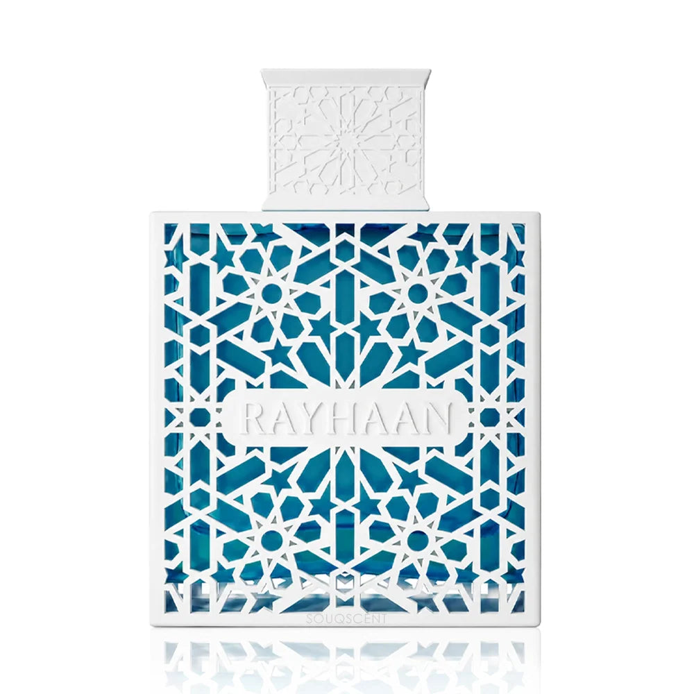 Rayhaan Azul Eau de Parfum 100ml for men in a blue bottle with white geometric detailing