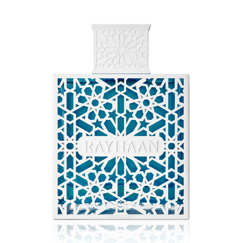 Rayhaan Azul Eau de Parfum 100ml for men in a blue bottle with white geometric detailing